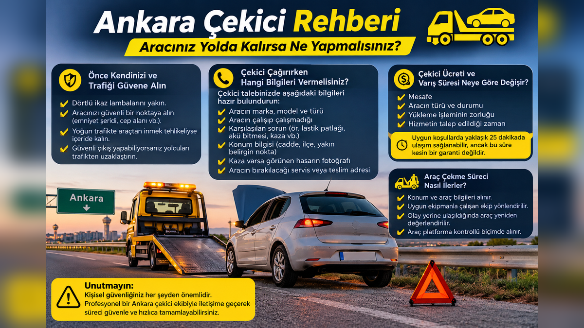 Ankara’da yol kenarında kalan bir otomobilin platformlu araç çekiciye yüklenmesi